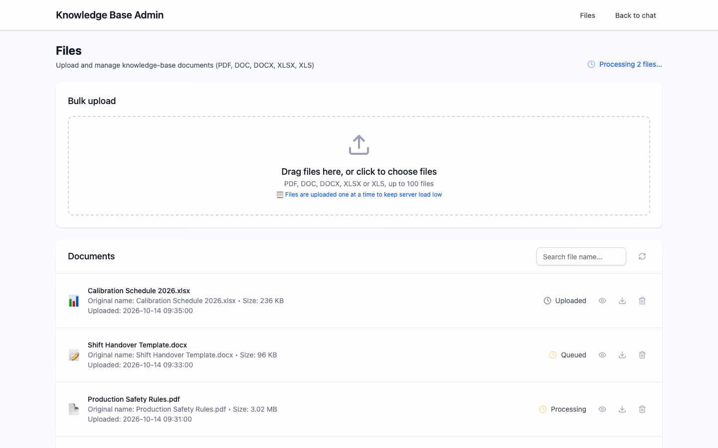 Knowledge base — batch document upload (PDF / DOC / DOCX / XLSX / XLS)